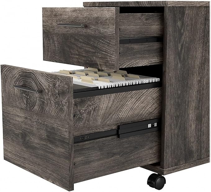 Bush Furniture Key West 60W L Shaped Desk with 2 Drawer Mobile File Cabinet in Dark Gray Hickory