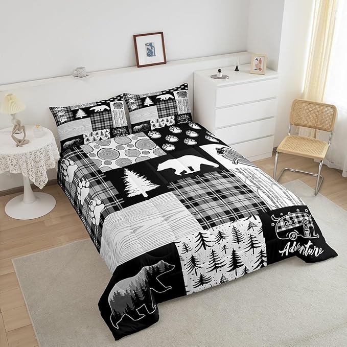 Bear Plaids Comforter Set Queen Size,Pine Trees Animals Hunting Bedding Set for Kids Boys Girls Adults Room Decor,Adventure Rustic Farmhouse Down Comforter,Black Retro Duvet Insert,2 Pillowcases