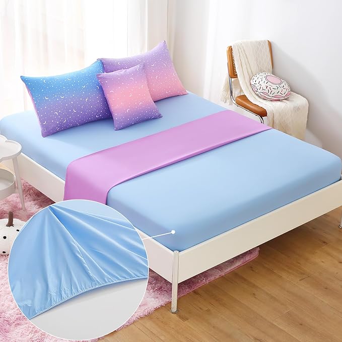 JQinHome Twin Girls Comforter Set,6 Piece Bed in A Bag 3D Purple Orange Glitter Bedding Set -All Season Microfiber Rainbow Bedding Sets for Girls Women