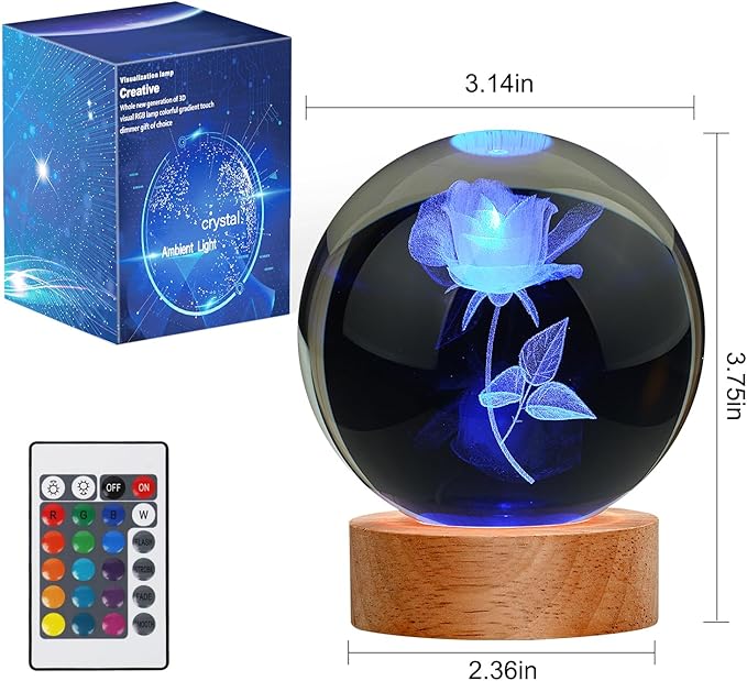 Rose Lamp Romantic Gifts for Her, Large 3D Rose Night Light, Crystal Light up Rose Lamp 16 Color Changing with Remote Control for Bedroom Decor, Only Rose Lamp