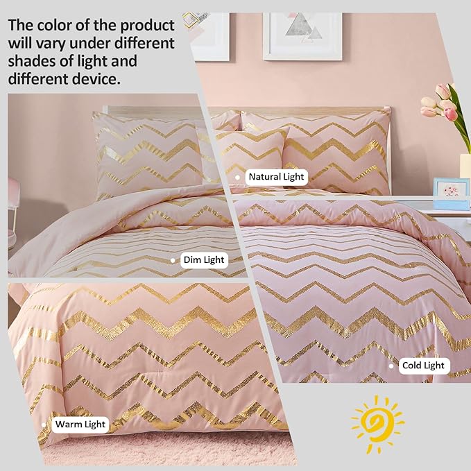 Pink Comforter Set King Size, Metallic Blush and Rose Gold Bedding Set, 4 Piece Lightweight Microfiber Comforter for Teen Girls Women (2 Pillow Shams + 1 Decorative Pillow Sham)