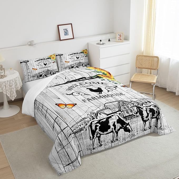 Rustic Windmill Bedding Comforter Sets Cowboys Farmhouse Comforter Set Twin Size, Western Farm Barn Door Bedding for Girls Boys Teens Sunflower Floral Western Cow Theme Quilt with 1 Pillowcase, Twin