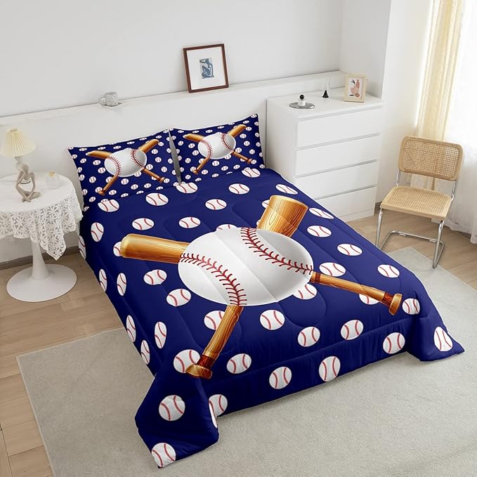 Feelyou Baseball Comforter Set Sports Bedding Set Ball Comforter for Kids Boys Girls Baseball Games Blue Duvet Set Room Decor Quilt Baseball Bat Print Queen Size Boys