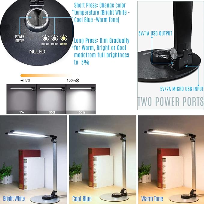 NUNET LED Desk Lamps for Home Office,Piano Lamp for Upright Piano,NULED Rotatable Aluminum Desk Lamp with USB Charging Port,Eye-Caring Reading Light/3 Lighting Modes/Brightness diammable Lamp,Silver