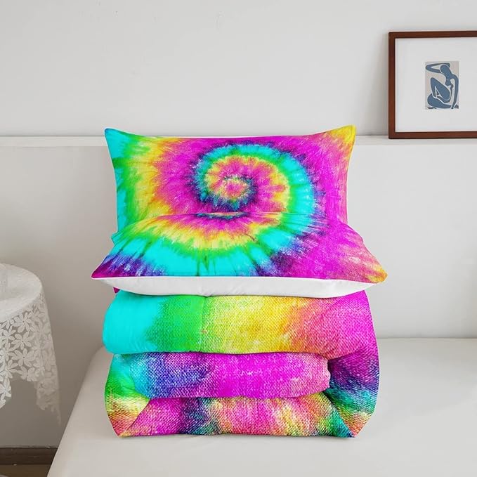 3 Piece Rainbow Tie Dye Comforter Set with 2 Pillowcases Boho Psychedelic Bedding Set for Kids Girls Teens Bohemian Gypsy Exotic Spiral Quilted Duvet Soft Comfy, Watercolor Art Down Comforter,King