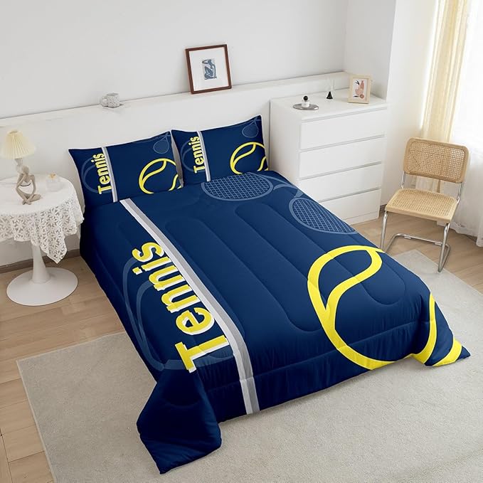 Feelyou Kids Tennis Comforter Set Twin Size Tennis Sports Bedding Set for Boys Girls Teens Bedroom Decor Tennis Gaming Comforter Blue Yellow Tennis Lovers Duvet Set with 1 Pillow Case