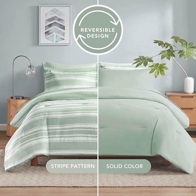 Codi Queen Comforter Set 7 Piece, Sage Green White Striped Bed in a Bag Reversible, Cationic Dyeing Shabby Chic Bedding Sets with Comforter, Sheets, Pillowcases & Shams