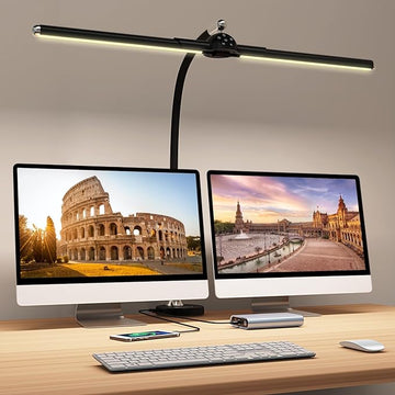 Megainvo LED Desk Lamp with Clamp, 24W Desk Light w/Timer & USB Charging for Home Office, Eye-Care Desk Lamps 5 Color Modes Stepless Dimming Adjustable Table Light for Monitor Work Study Reading