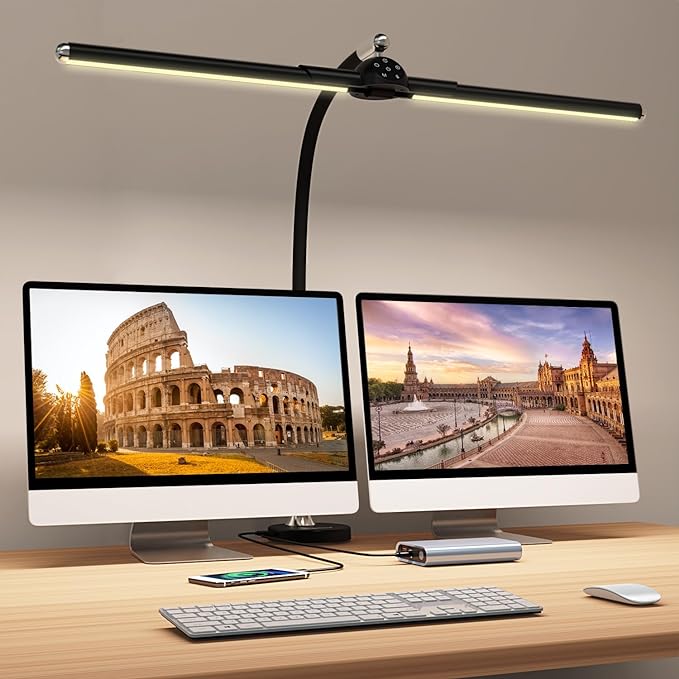 Megainvo LED Desk Lamp with Clamp, 24W Desk Light w/Timer & USB Charging for Home Office, Eye-Care Desk Lamps 5 Color Modes Stepless Dimming Adjustable Table Light for Monitor Work Study Reading