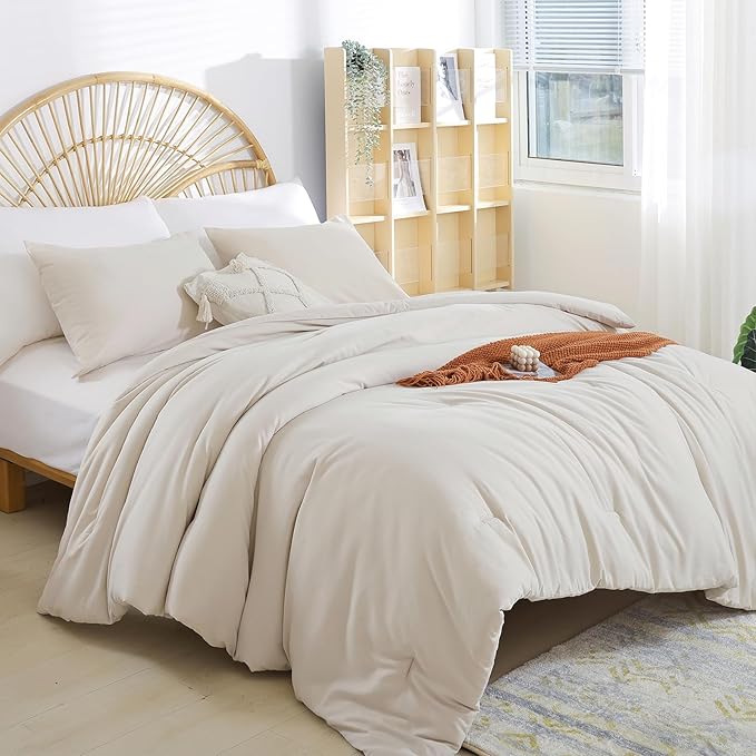 Beige Comforter California King Comforter Set - 3PCS Oversized Boho Beddsing Set Soft Fluffy Microfiber Comforter for All Season (1 Comforter, 2 Pillowcases)