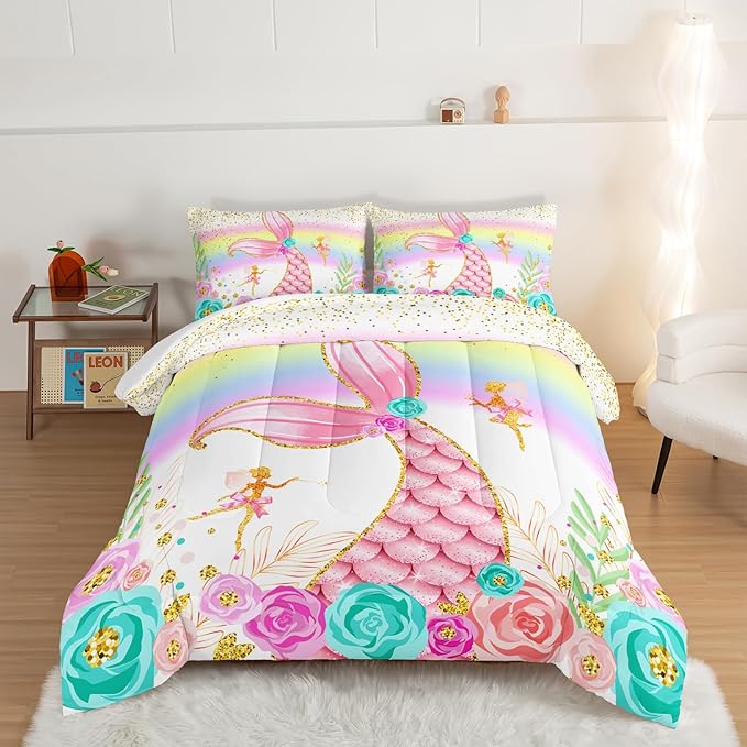 HOSIMA Mermaid Comforter with 2 Pillowcases,Girly Rainbow Bedding Set Glitter Pink Mermaid Tail Twin Comforter Set,Flower Fairies Rose Gold Comforter Set,Floral Comforter for Girls Teens Bedroom.