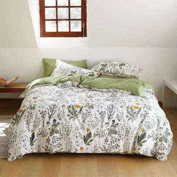 Botanical Comforter Set King White and Sage Green Floral Plant Bedding Set Garden Pattern Printed on White Women Reversible Blanket 3 PCs Girls Breathable White Floral Bed Comforter Set