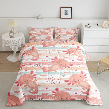 Manfei Cute Axolotl Comforter Set King Size,Rainbow Stripes Quilt Set,Animal Theme Bedding Comforters 3pcs for Kids Teens Girls Boys Room Decor,Pink Romantic Soft Duvet Set with 2 Pillowcases