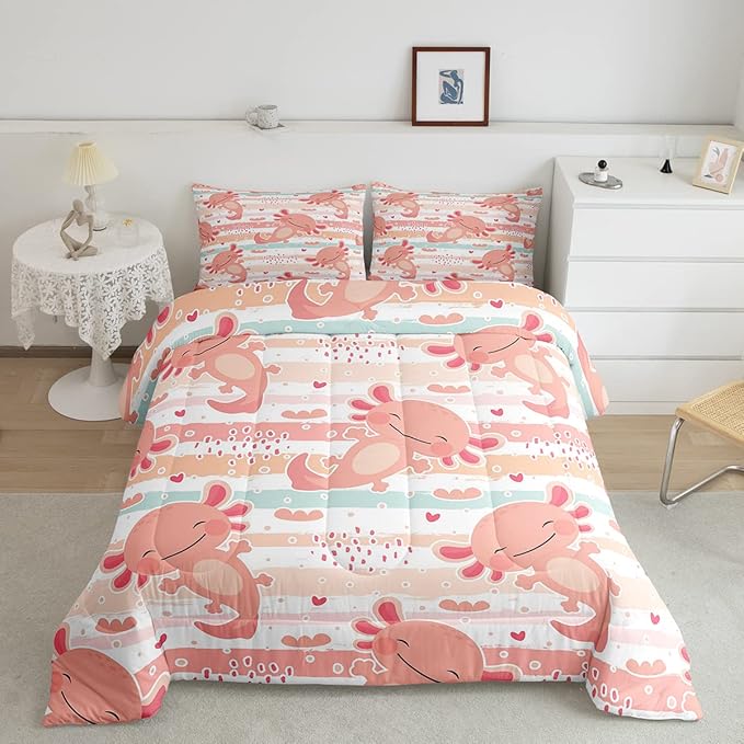 Cute Axolotl Comforter Set Twin Size Rainbow Stripes Quilt Set Animal Theme Bedding Comforters 2pcs for Kids Teens Room Decor,Pink Romantic Soft Duvet Set with 1 Pillowcase