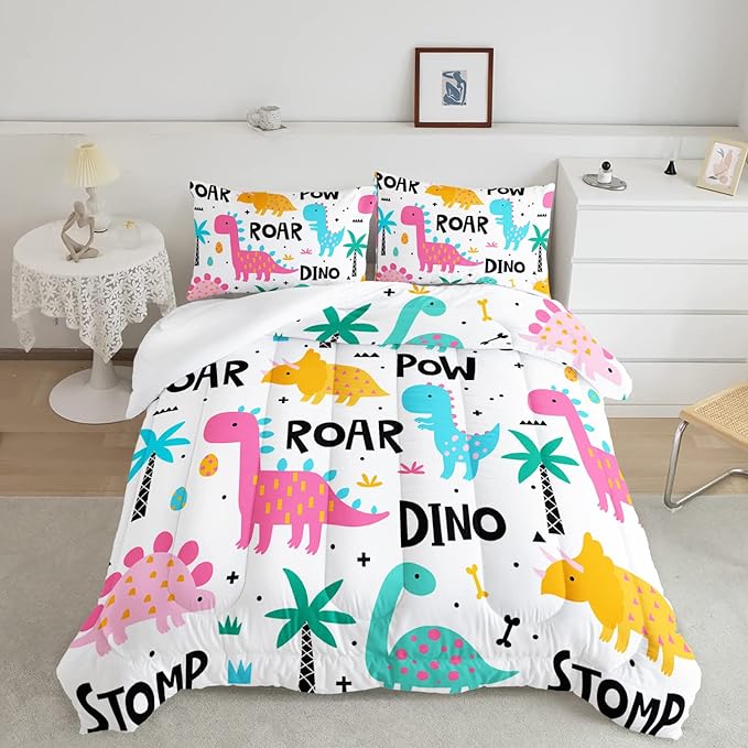 Axolotl Girls Bedding Cartoon Dinosaur Comforter Set Full Size,Cute Dinosaur Bedding Set for Girls Teens Kids Boys Adults Room Decor,Kids Comforter Set All Season,1 Quilt 2 Pillow Cases,White