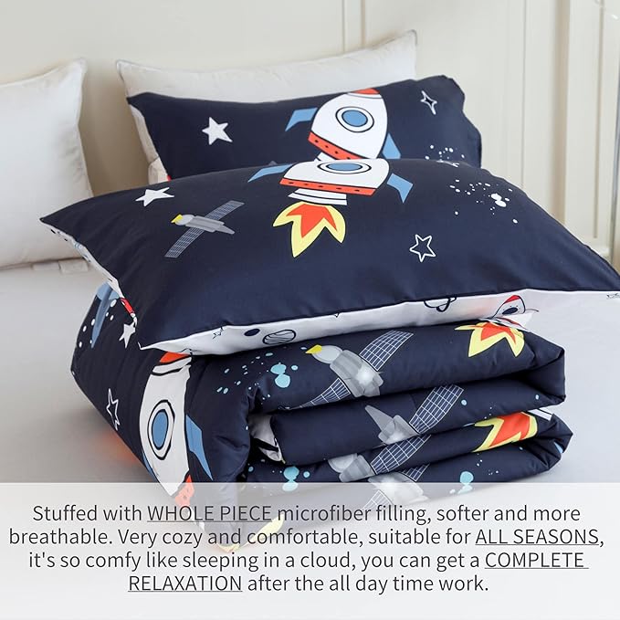 RYNGHIPY Kids Comforter Set Full Size, Cute Space Rocket Bedding Set for Boys Girls, Space Themed Teen Boy Bedding (Space Rocket,Full)