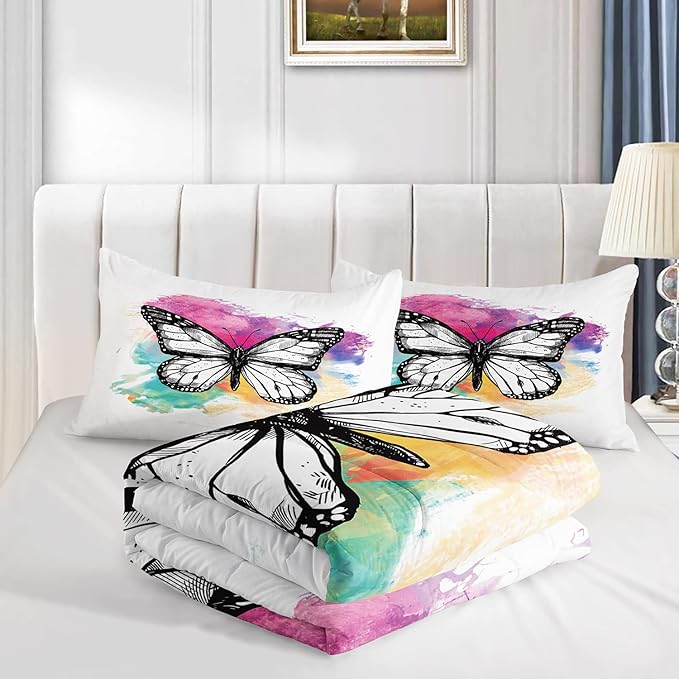 CVHOUSE Butterfly Bedding Set,Butterfly Comforter Full,Butterfly Comforter Set for Girls Kids Teens,Butterflies Quilt Set with 1 Comforter and 2 Pillow Cases- 3 Piece