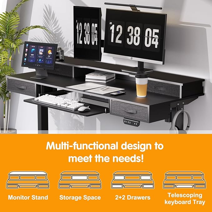 Electric Standing Desk, 55 Inches Height Adjustable Desk with Monitor Shelf, Large Sit Stand Desk with Drawers, Smart Home Office Computer Desk, Classic Black