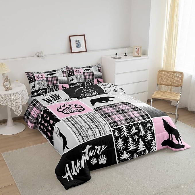 Rustic Farmhouse Comforter Set Twin Size,Deer Bear Wolf Hunting Animals Bedding Set for Kids Boys Girls Adults Room Decor,Pine Trees Patchwork Down Comforter,Pink Xmas Duvet Insert,1 Pillowcase