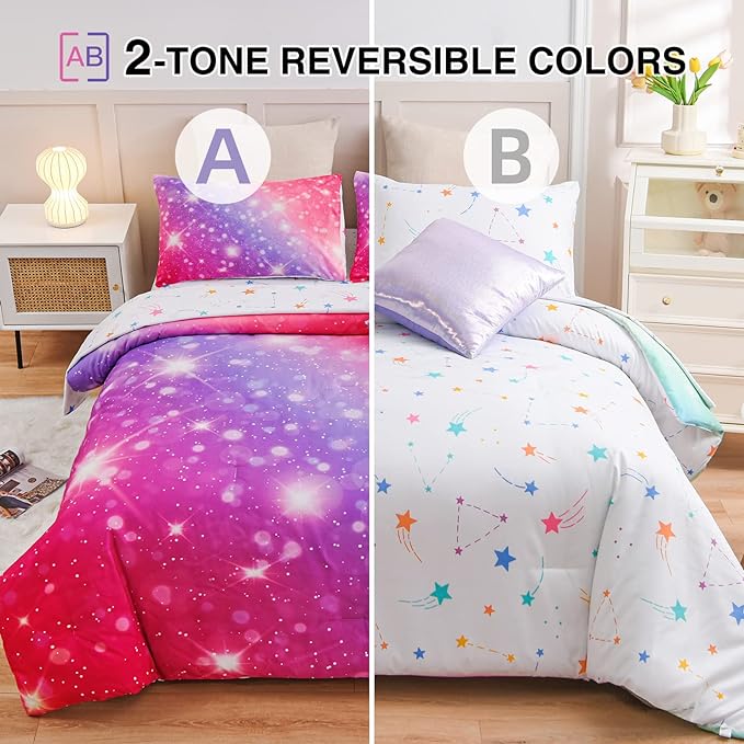A Nice Night 6Pcs Gradient Glitter Bedding Set for Girls, Colorful Rainbow Galaxy Comforter Set, Ultra Soft Bedding Sets (Pink-Purple,Full 6Pcs)
