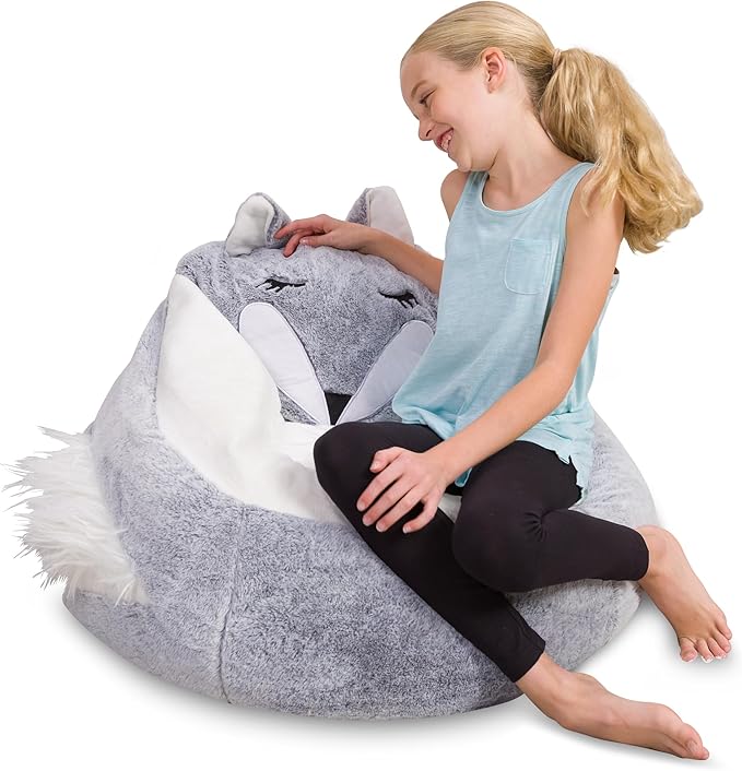 Posh Creations Cute Soft and Comfy Bean Bag Chair for Kids, Large, Animal - Silver Fox