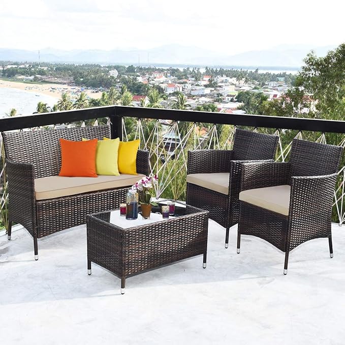 LUARANE 4-Piece Rattan Patio Furniture Set, Outdoor Wicker Sofa Couch Table Set, w/Thick Seat Cushions Tempered Glass Coffee Table, Conversation Set for Lawn Garden Poolside Backyard (Brown)