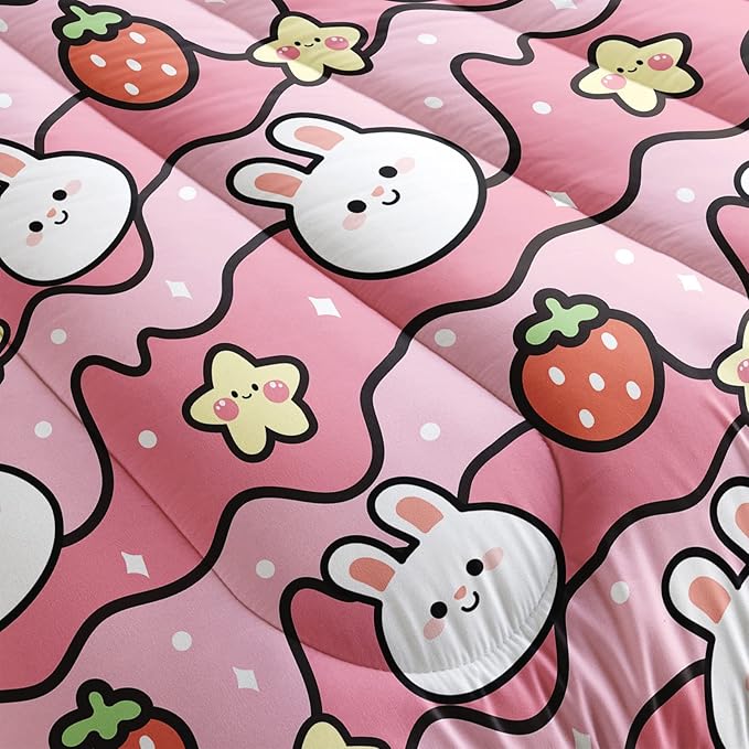 Kawaii Rabbit Comforter,Strawberry Rabbit Comforter Set for Kids Teens Girls,3Pcs Bedding Set Printed Comforter with 2 Pillowcases,Down Alternative,Soft and Lightweight(Pink，Twin Size)