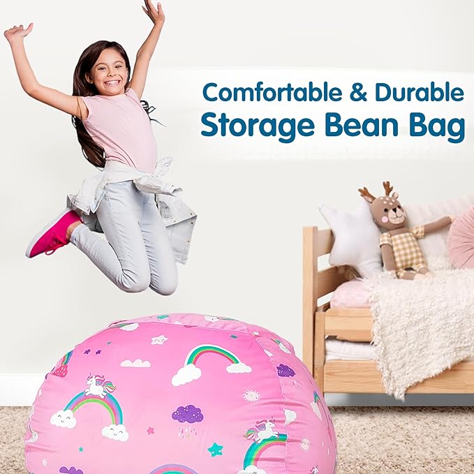 Lukeight Unicorns Stuffed Animal Storage Bean Bag Chair Cover for Kids, Unicorns Zipper Beanbag Chair Cover for Organizing Toddler & Kids' Rooms Plush Toys (Rainbow Pink, Large)