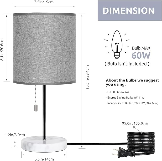 SEHERTIWY Bedside Lamps, Desk Lamps with Pull Chain, Nightstand Lamps with Marble Base and Silver Metal, Lamp for Bedroom, Living Room, Reading Room, Office-Grey