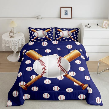 Feelyou Baseball Comforter Set Sports Bedding Set Ball Comforter for Kids Boys Girls Baseball Games Blue Duvet Set Room Decor Quilt Baseball Bat Print Queen Size Boys
