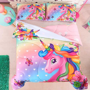 Cute Unicorn Comforter Sets 3pc Pink Flower Girl Colorful Unicorn Bedding Sets Soft Girls Unicorn Rainbow Comforter Sets