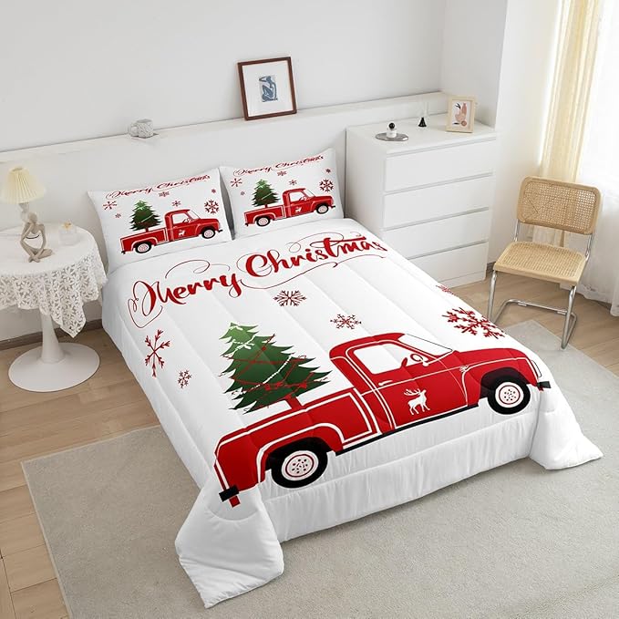 Christmas Truck Bedding Set King Size Christmas Tree Comforter Set Boys Girls Red Xmas Gift Snowflakes Bedding Comforter Sets for Teens Bedroom Decor Elk Deer Christmas Decorations Quilt Duvet Set