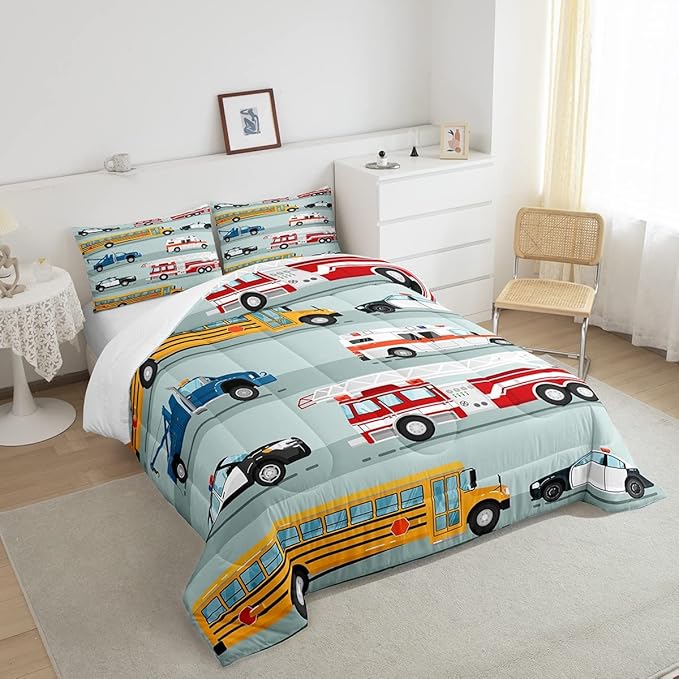 Erosebridal Fire Truck Comforter Set,Police Car Down Comforter Twin Size,School Bus Bedding Set for Kids Boys Teens Youth,Equipped Truck Cartoon Vehicle Quilt Duvet Insert Bedroom Dorm Decor 2 Pcs