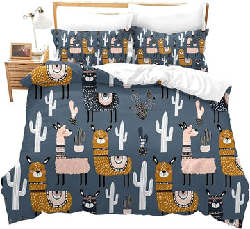 Feelyou Boys Girls Duvet Cover Set Twin Size for Kids Teen Cute Cartoon Alpaca Llama Cactus Print Bedding Set Botanical Animal Comforter Cover Decorative Microfiber Quilt Cover Zipper&Ties