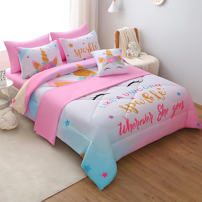 JQinHome Unicorn Full Bedding Sets for Girls Kids,8 Piece Bed in A Bag 3D Colorful Flower Girl Unicorn Comforter Set with Sheet Set(Sparkle)