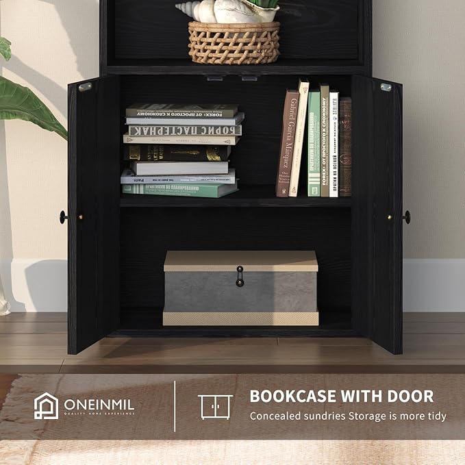 oneinmil 6 Tier Bookcase Set of 2,Wooden Bookshelves with Cabinet Doors, Floor Bookshelf and Office Storage Cabinets for Living Room,Black