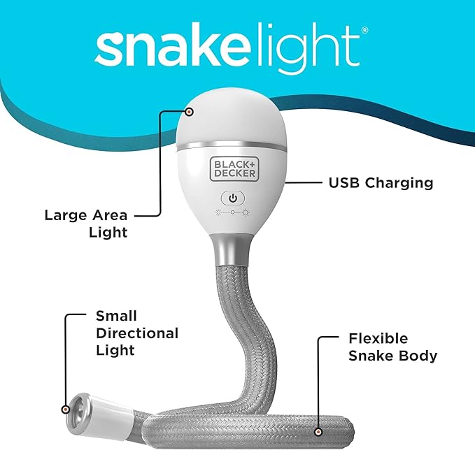 BLACK+DECKER Snake Light, Use for Book Light, Desk Light, and Work Light, 2 Settings, Flexible and Rechargeable (BDCFSL01)
