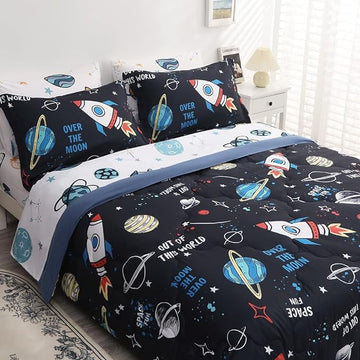Wajade Kids Space Comforter Set Bed in A Bag Queen Size 7 Piece 3D Space Rocket Planets Bedding Set for Teens Boys Girls (1 Comforter, 1 Flat Sheet, 1 Fitted Sheet, 2 Pillowcase and 2 Pillow Sham)
