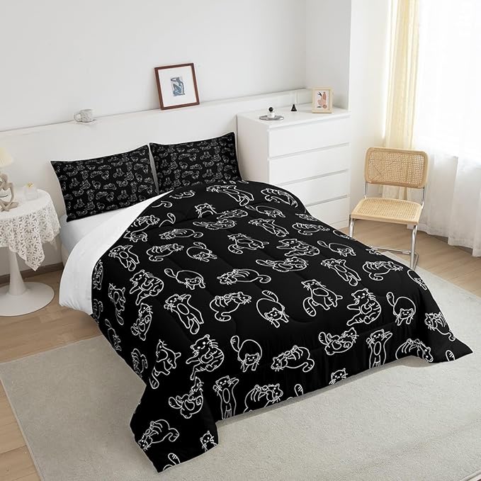 Feelyou Cartoon Cat Comforter Cute Pet Cats Kids Comforter Set Animal Pattern Printed Bedding Set for Boys Room Decor Kitten Print Duvet Set King Size with 2 Pillow Case