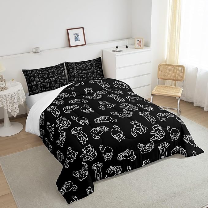 Feelyou Cartoon Cat Bed Sheet Set Cute Pet Cats Kids Comforter Set Animal Pattern Printed Bedding Set Set for Boys Room Decor Kitten Print Bed Cover Twin Size with 2 Pillow Case