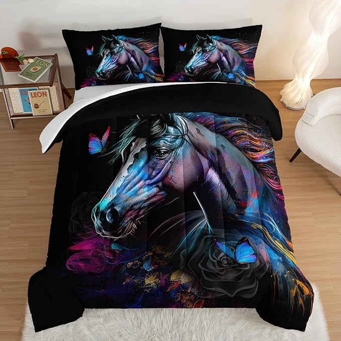 HOSIMA 3 Pieces Art Horse Comforter with 2 Pillowcases,Wildlife Horse Butterfly Black Comforter Set Boys Teens Aesthetic Room Decor,Animal Bedding King Size Comforter Set for adults.