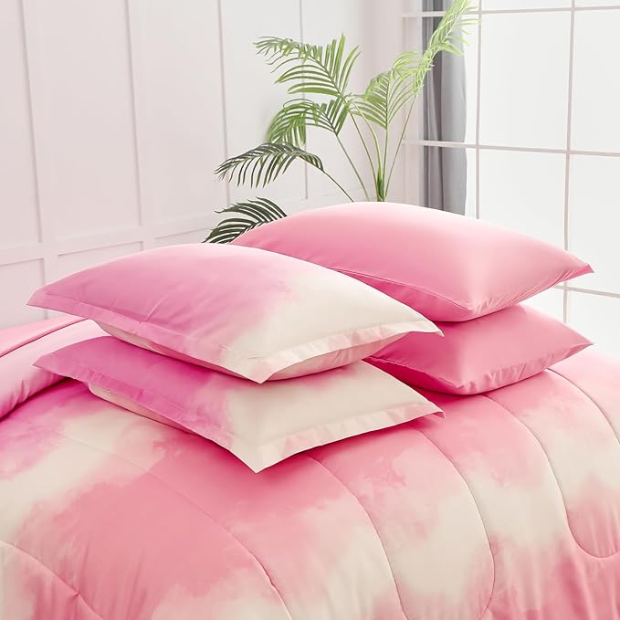 Dinjoy Girls Comforter Set Twin Size Colorful Rainbow Ombre Pink Bedding Set Gradient Soft Lightweight 6 Pieces Bed in A Bag for Kids Teen Women(1 Comforter, 1 Flat Sheet, 1 Fitted Sheet)