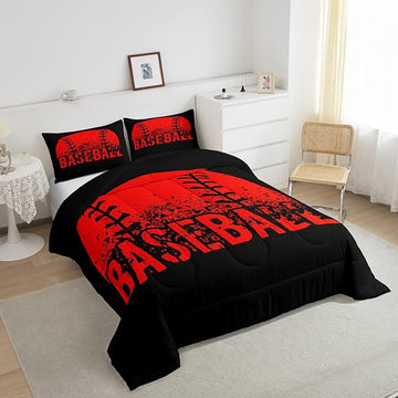 Baseball Comforter Set King Size Kids Red Black Sports Quilt Bedding Set For Boys Girls,Reversible Black Bedding Comforter Sets Soft Lightweight For All Season,1 Comforter And 2 Pillow Cases