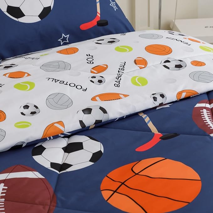 RYNGHIPY Kids Sports Theme Bedding Set, Basketball Football Baseball Tennis Print Comforter Set for Teens Boys Girls, Super Soft Lightweight (Balls,Full)
