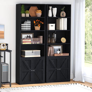 oneinmil 6 Tier Bookcase Set of 2,Wooden Bookshelves with Cabinet Doors, Floor Bookshelf and Office Storage Cabinets for Living Room,Black