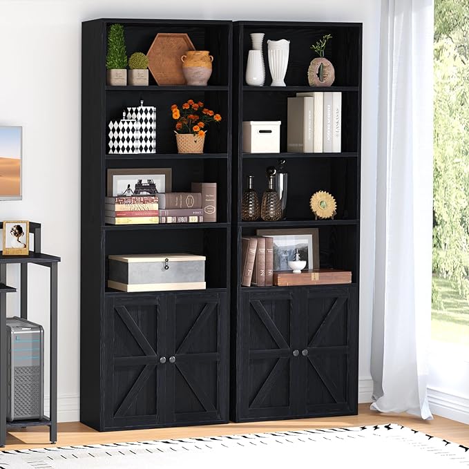 oneinmil 6 Tier Bookcase Set of 2,Wooden Bookshelves with Cabinet Doors, Floor Bookshelf and Office Storage Cabinets for Living Room,Black