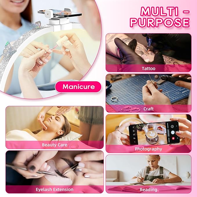 Half Moon Light for Nail Desk, Foldable 29" Nail Light for Desk, 180° Ultra-bright Nail Tech Desk Lamp, Portable Half Moon Lamp with Phone Holder & Organizer Bag - Sliver Diamond