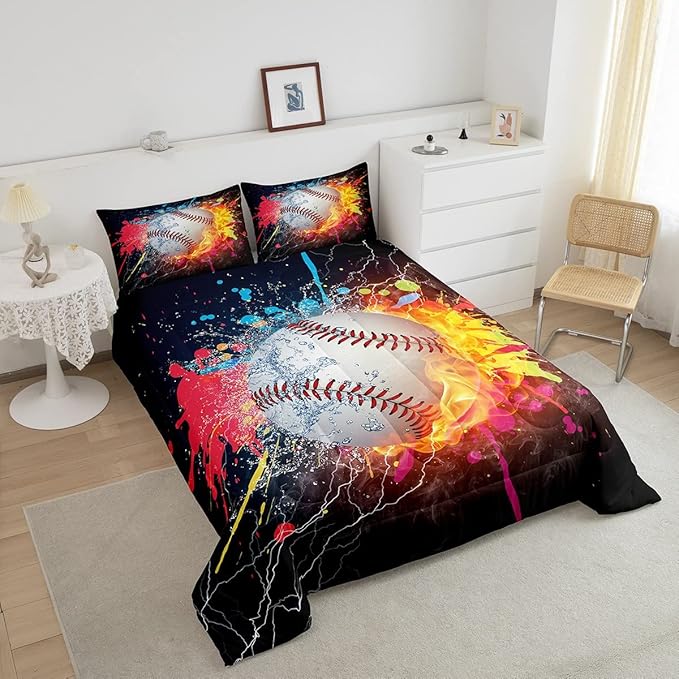 Baseball Twin Comforter Set For Boys,Tie Dye Baseball Sports Bedding Set Red Blue Fire Water Lightning Duvet Insert For All Season,Sports Baseball Quilt Soft Lightweight Bedroom Decor 1 Pillow Case