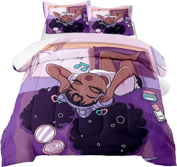 African American Black Girl Comforter Set Twin Size, Black Girls Magic Duvet Comforter for Kawaii Bedroom Decor, Black Girl Love Music Purple Bedding Set with 1 Comforter +1 Pillowcase