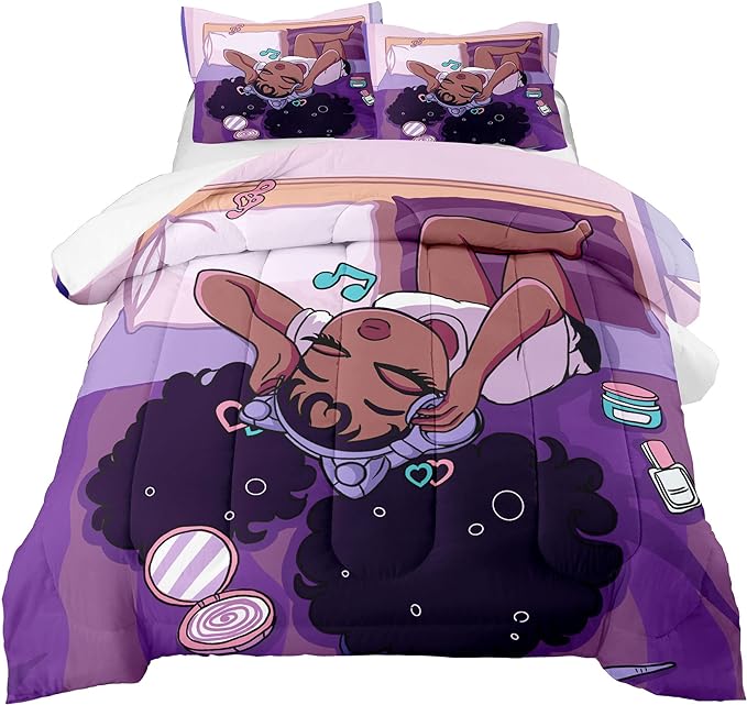 African American Black Girl Comforter Set Twin Size, Black Girls Magic Duvet Comforter for Kawaii Bedroom Decor, Black Girl Love Music Purple Bedding Set with 1 Comforter +1 Pillowcase